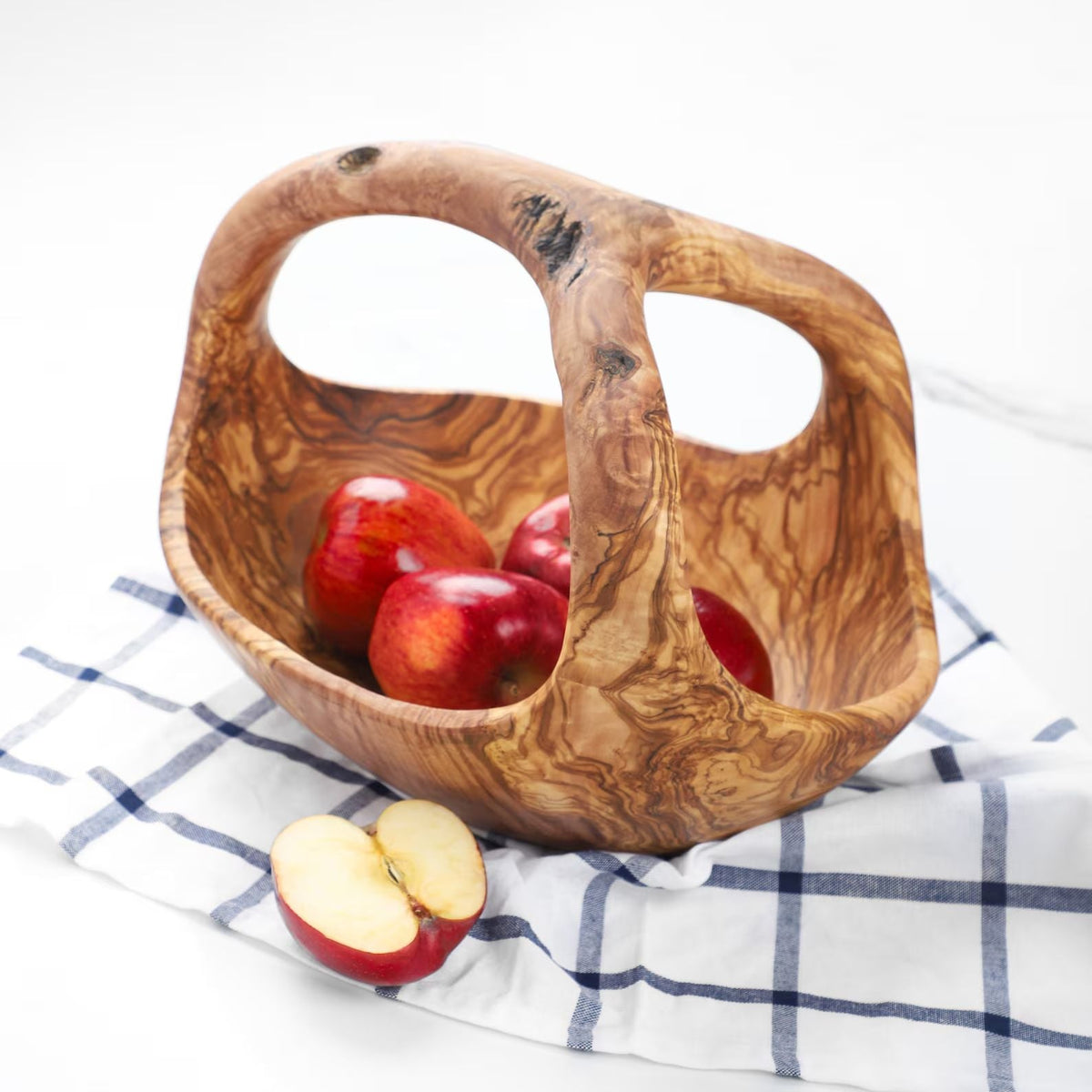 Corbeille à fruits en bois d'olivier avec poignée