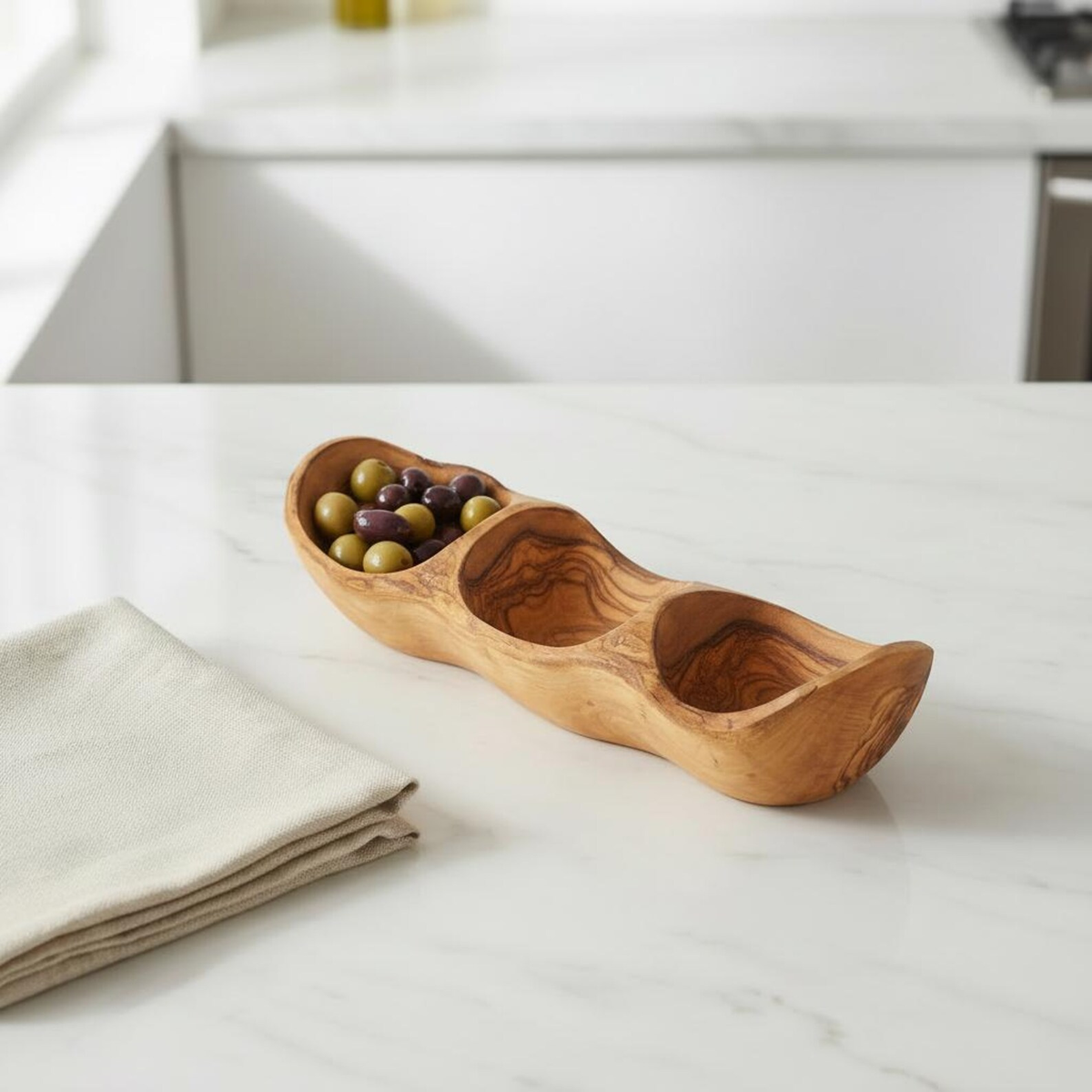 Plateau de service compartimenté en bois d'olivier