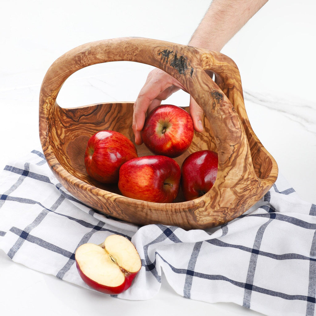 Corbeille à fruits en bois d'olivier avec poignée