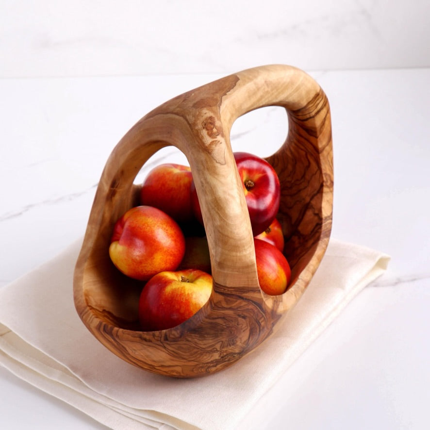 Corbeille à fruits en bois d'olivier avec poignée