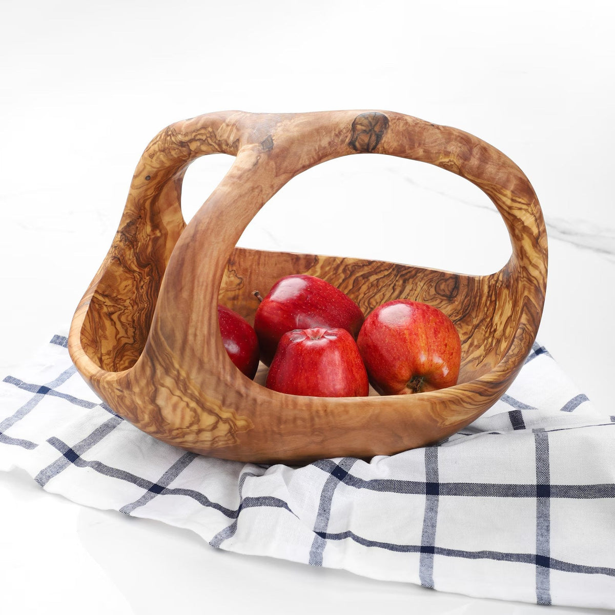 Corbeille à fruits en bois d'olivier avec poignée