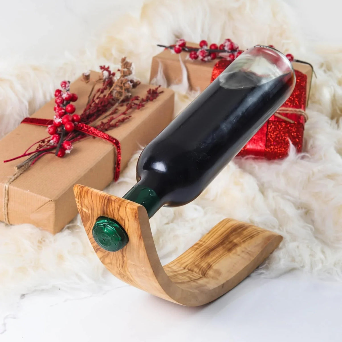 Support de bouteille flottant en bois d'olivier